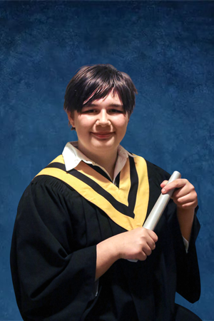 A person in graduation attire makes different playful expressions against a dark blue background.