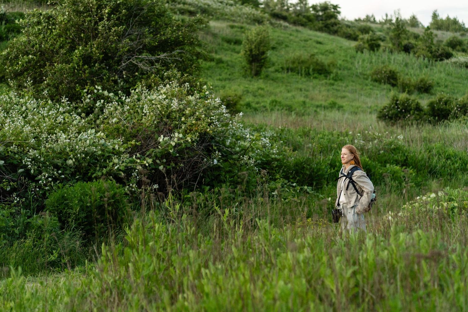 A person in a light coat stands in a lush green meadow surrounded by blooming wildflowers and shrubs on a hillside.