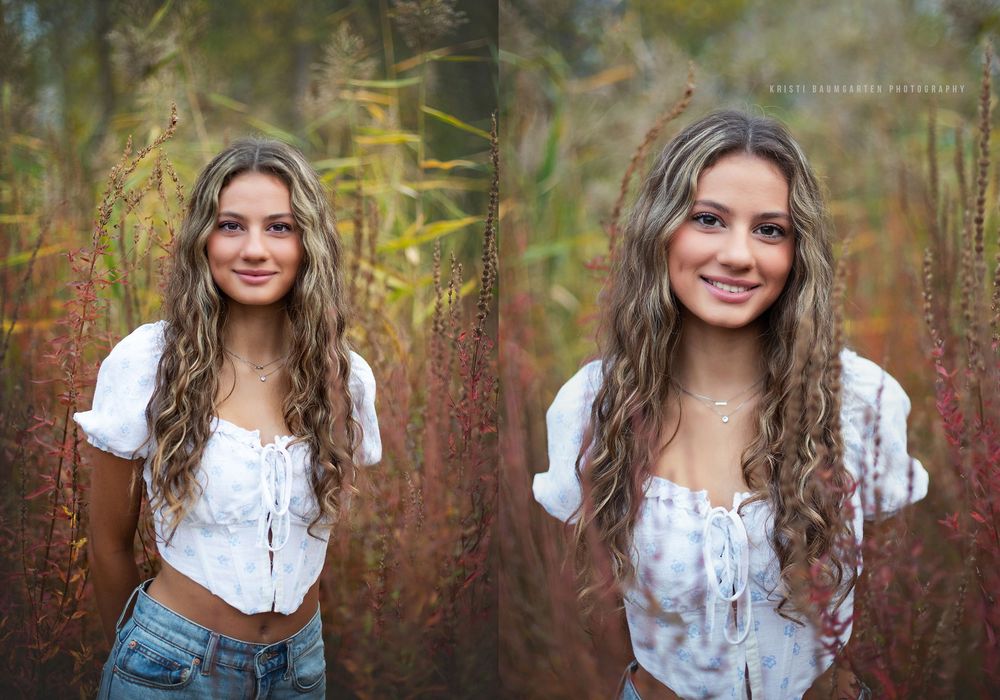 Natural outdoor portrait series with autumn foliage and soft lighting effects.