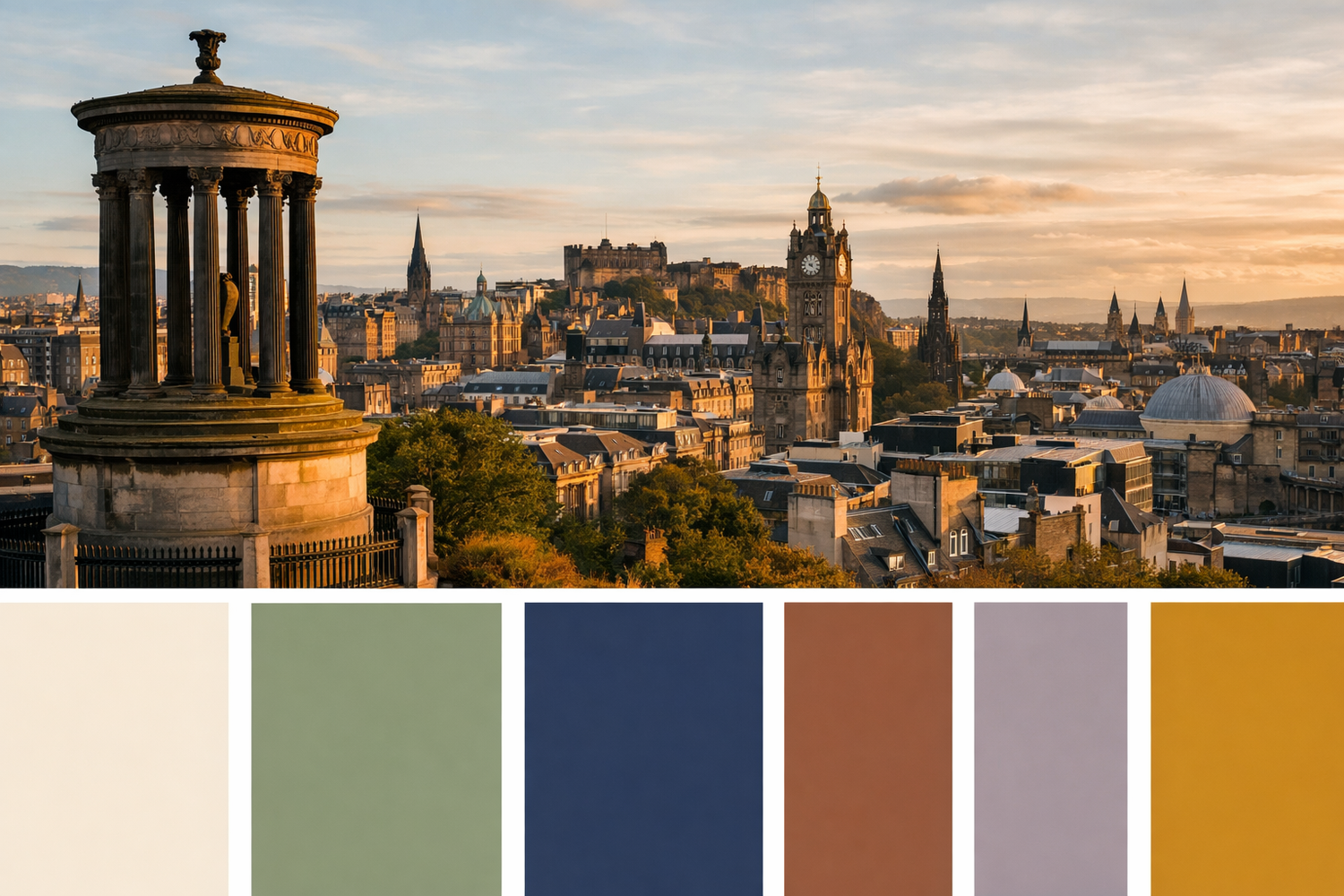 Edinburgh cityscape at sunset with historic buildings and church spires silhouetted against a golden sky.