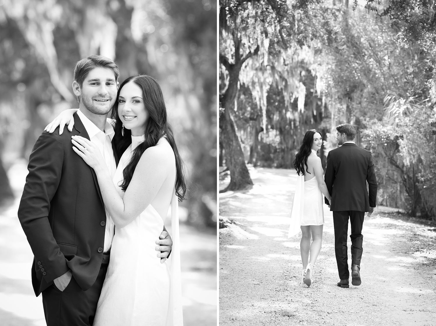 Black and white romantic couple portraits taken in a natural outdoor setting with trees.