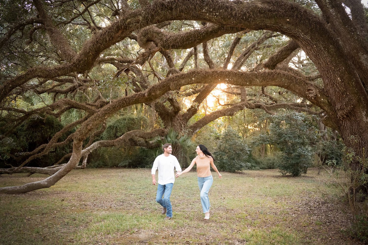 Two people walk hand in hand beneath sprawling oak trees in a serene natural setting.