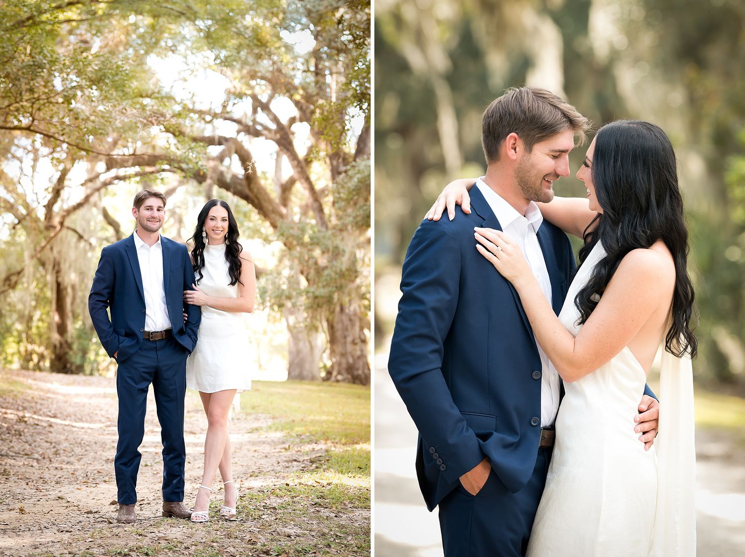 A couple shares intimate moments in an outdoor engagement photoshoot among towering trees.
