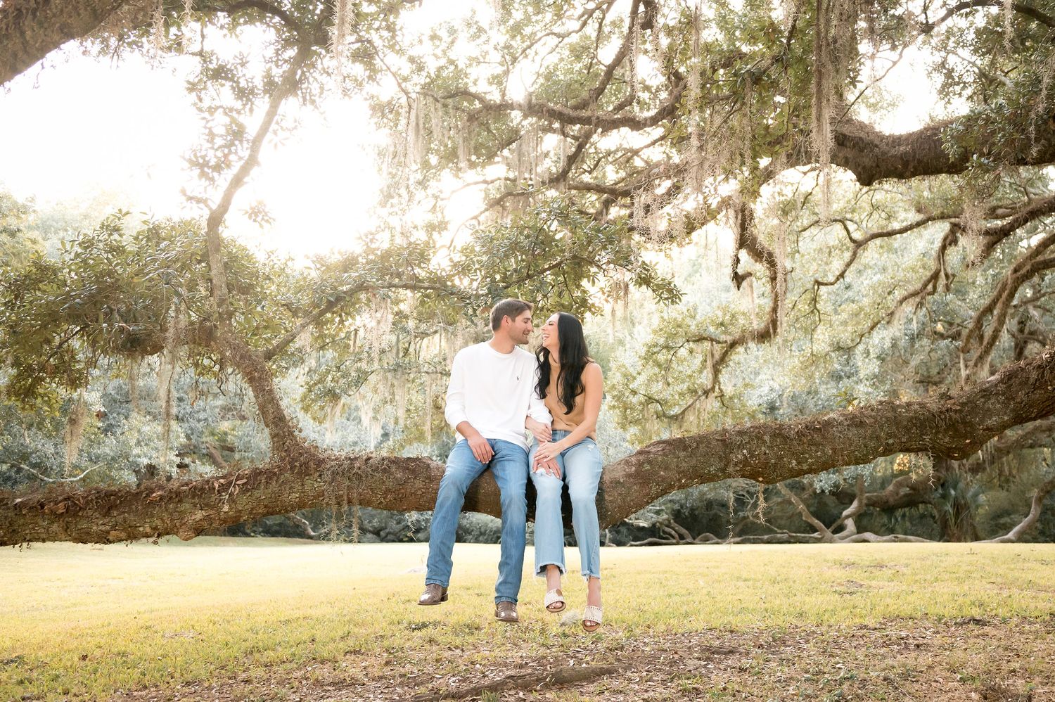 A couple shares a romantic moment under a large oak tree in a sunlit park setting.