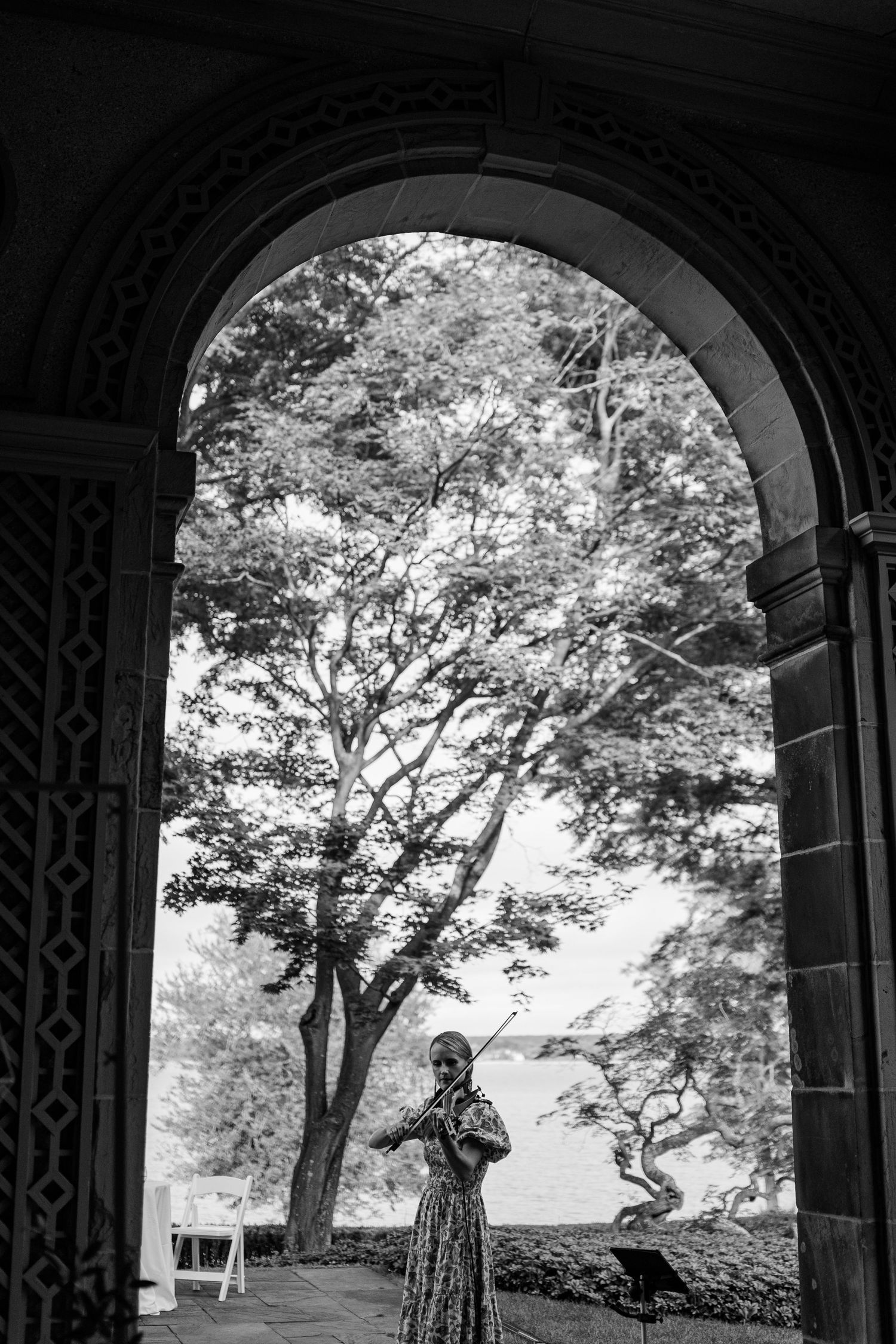 A black and white photograph shows a tree viewed through an ornate archway creating a natural framing effect.