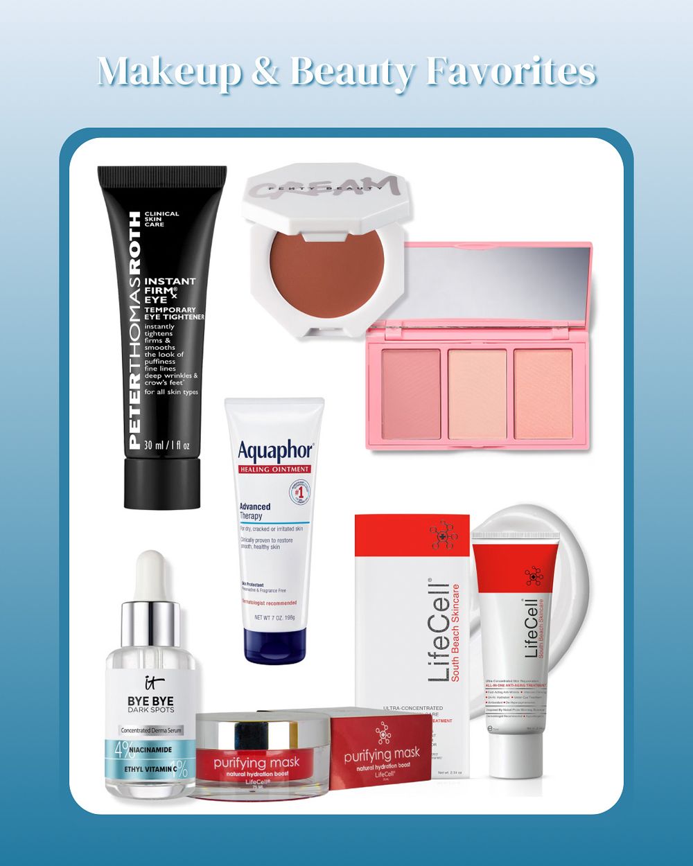 A collection of skincare and beauty products including moisturizers, serums, and makeup palettes displayed on a blue background.