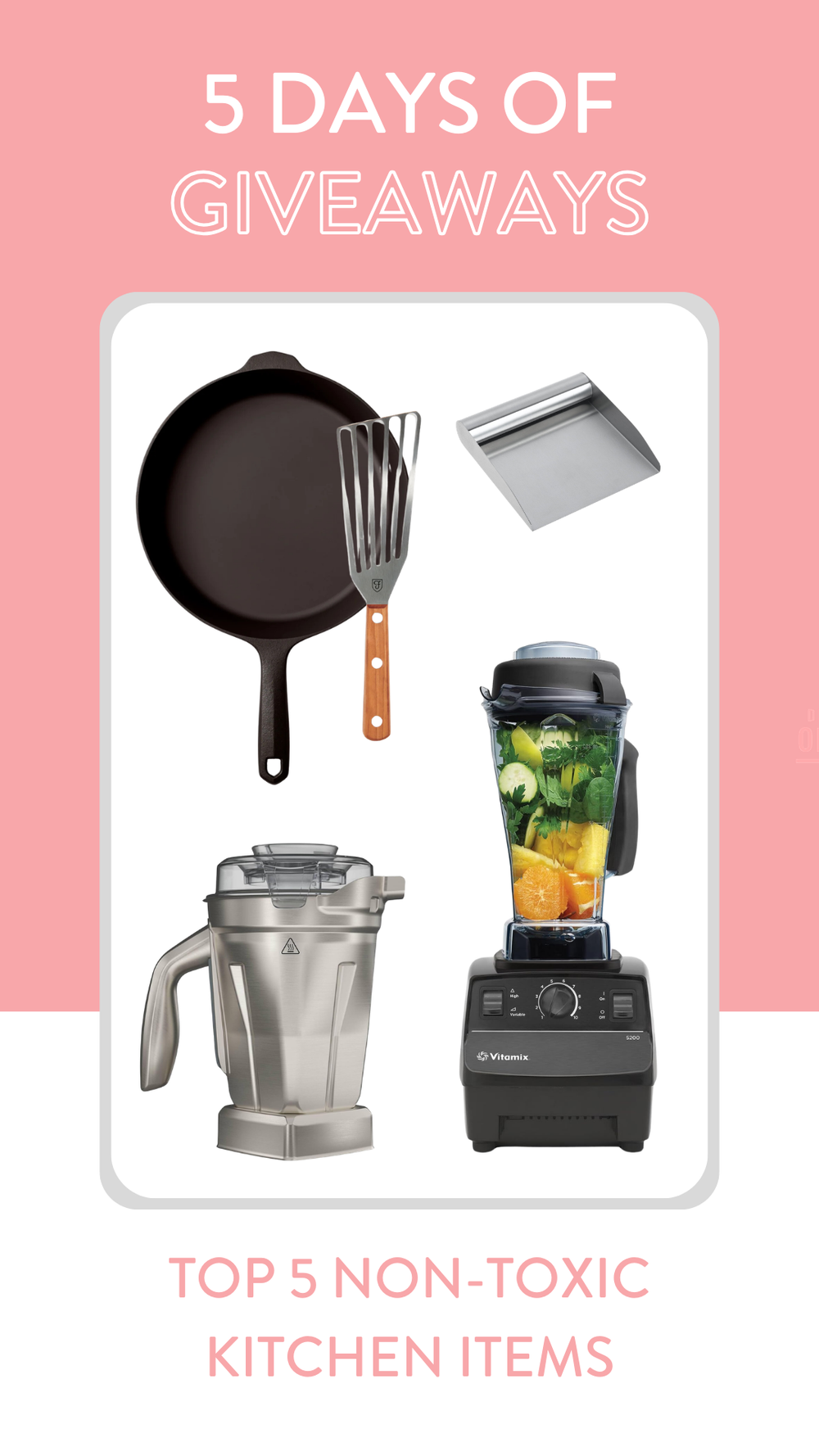 Kitchen appliances and cookware including blenders, pans, and utensils displayed on a pink background for a giveaway promotion.