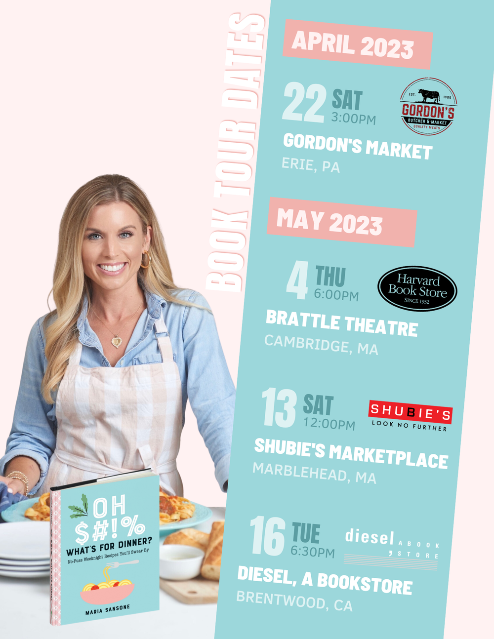 Calendar or event schedule showing dates and locations in turquoise and coral colors with some event details.