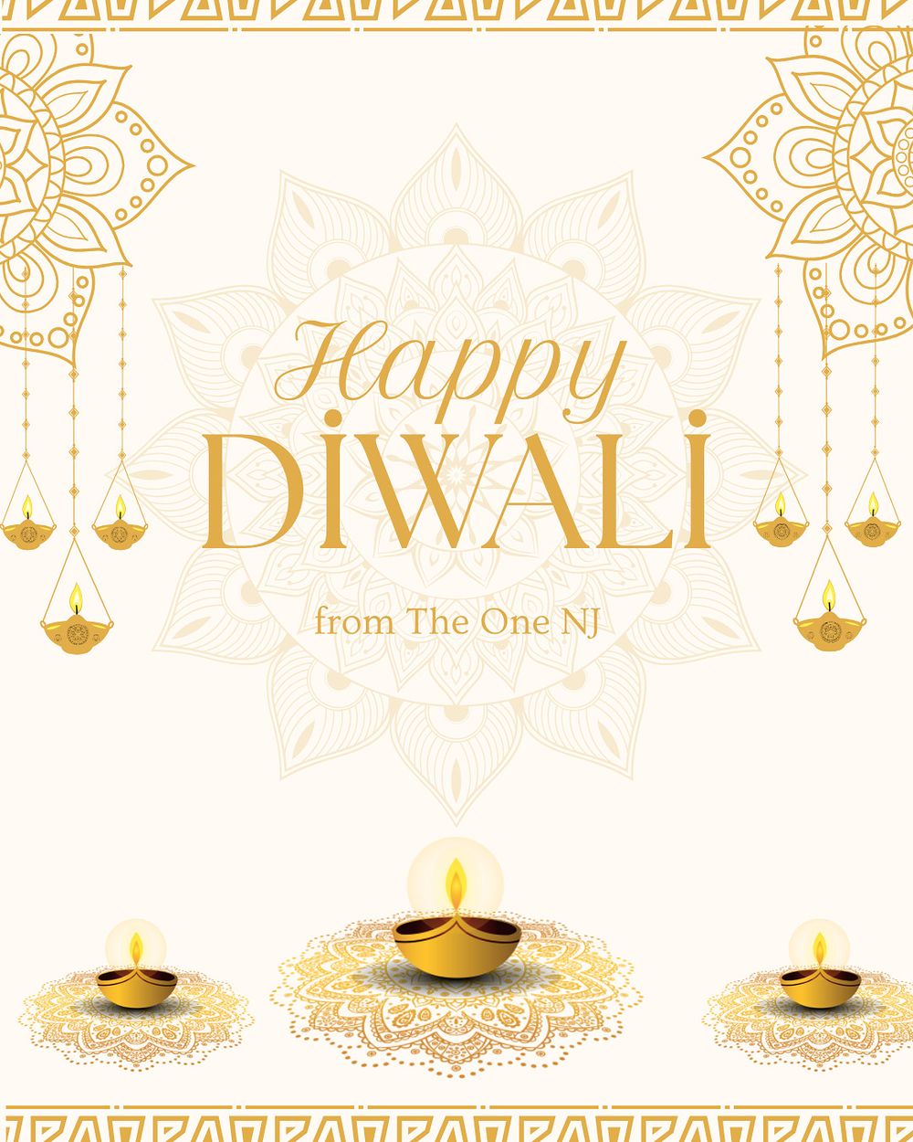 White and gold Diwali greeting card design with mandala patterns and three illuminated diya lamps at the bottom.