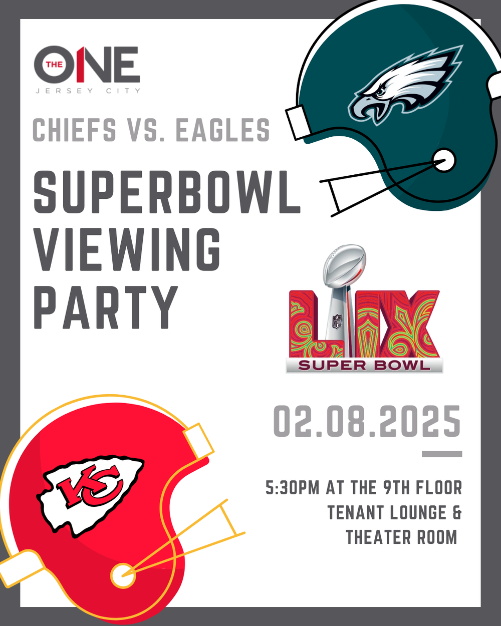 Super Bowl LVII viewing party promotional flyer featuring Eagles and Chiefs helmets for event on February 8, 2025.