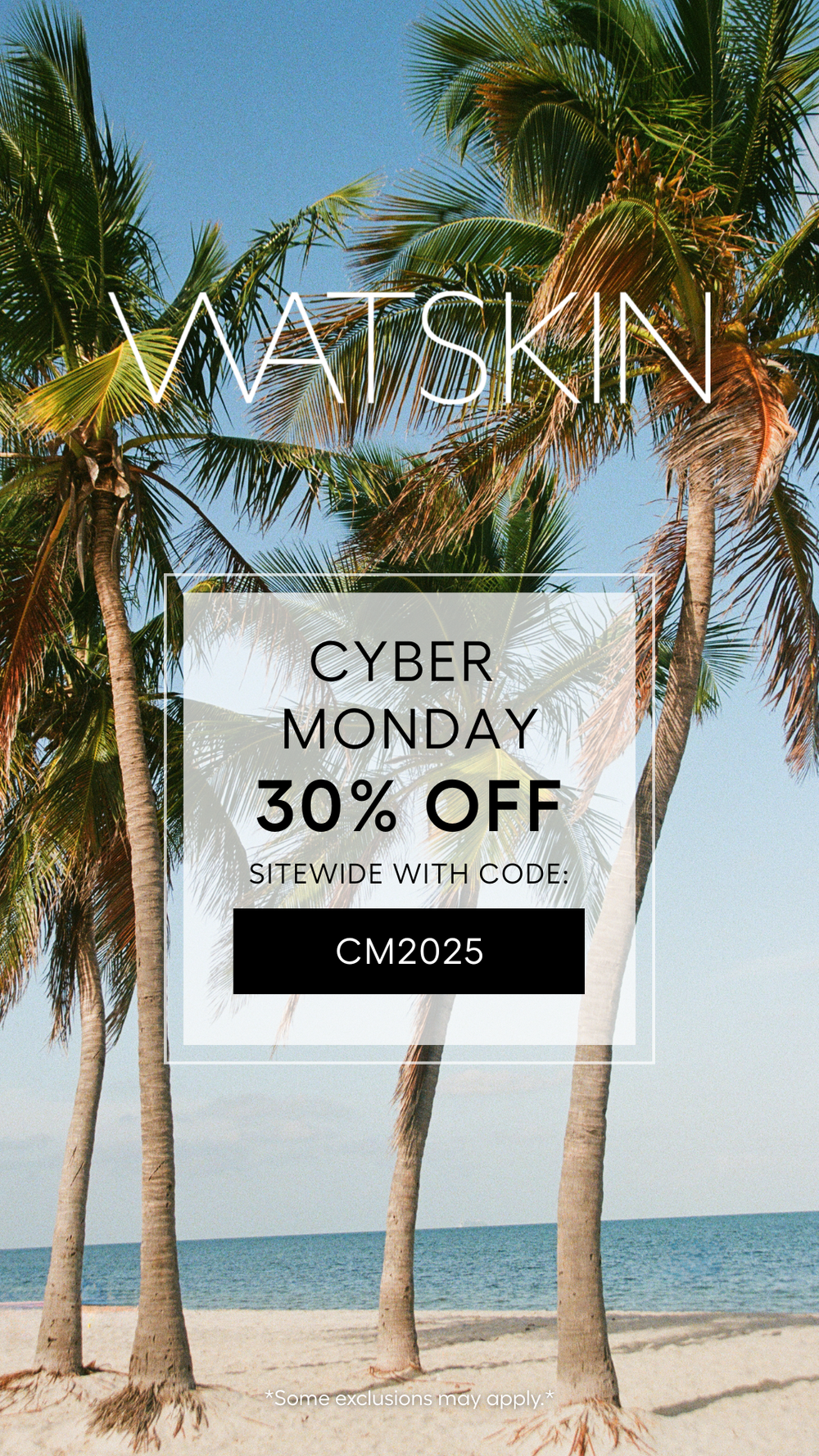 Tropical beach promotional banner for Matskin Cyber Monday sale offering 30% off with palm trees and ocean view.