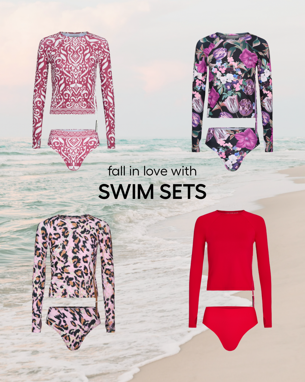 A collection of floral and solid-colored long sleeve swimsuits displayed against a beachy background.