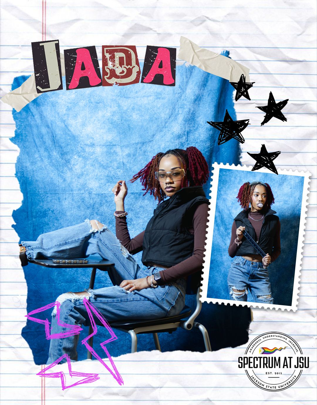 Creative portrait series with blue watercolor backdrop and decorative star elements.