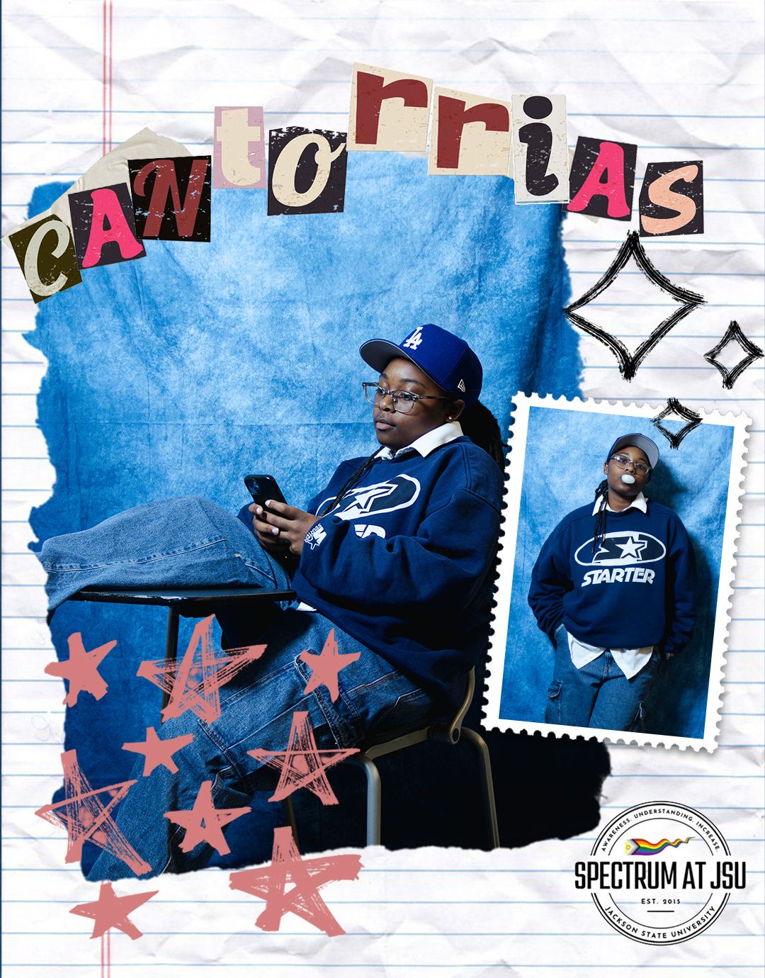 Stylish portrait series with blue jacket against notebook paper background and star decorations.