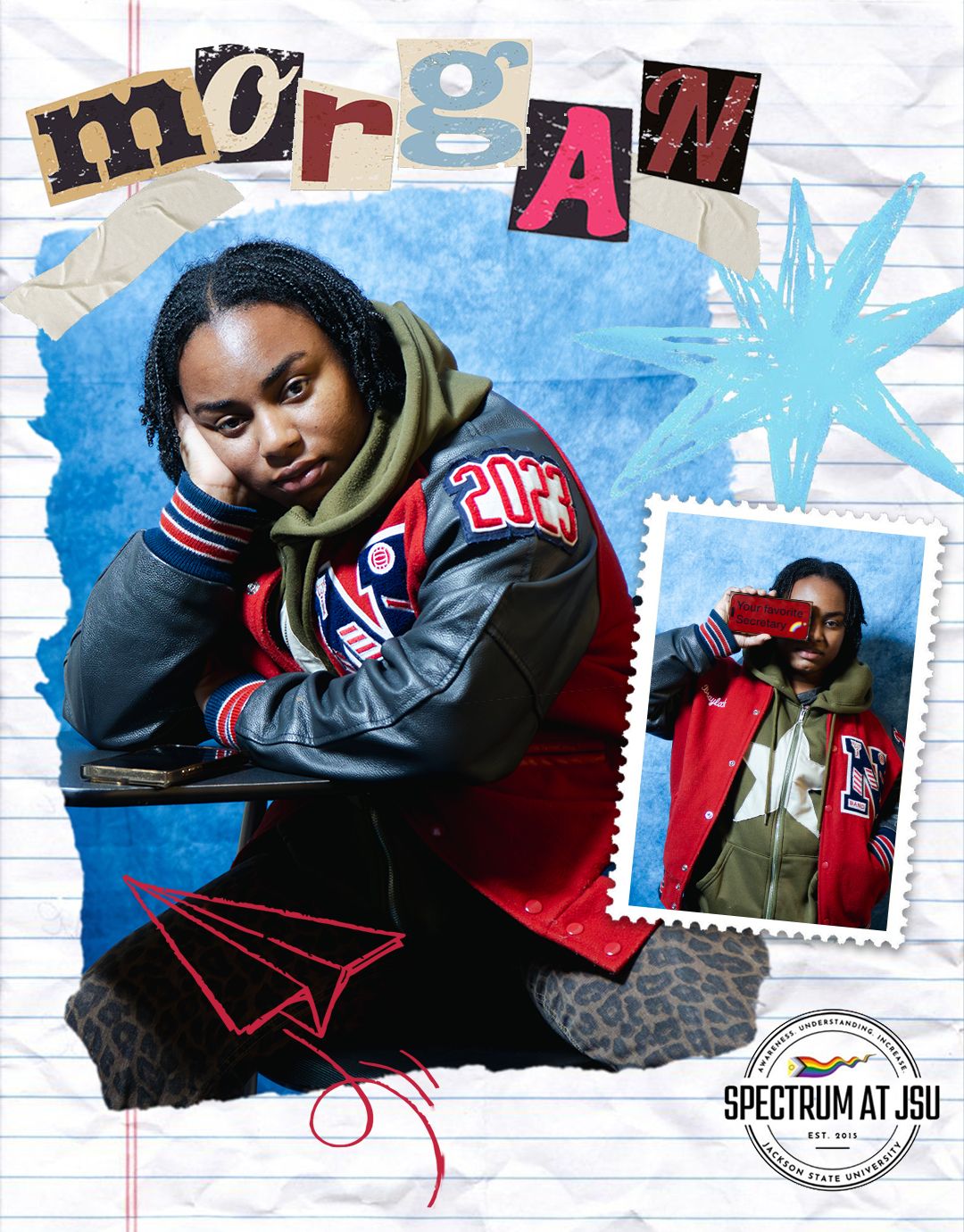 Urban style photo series with notebook paper texture and colorful graphic elements.