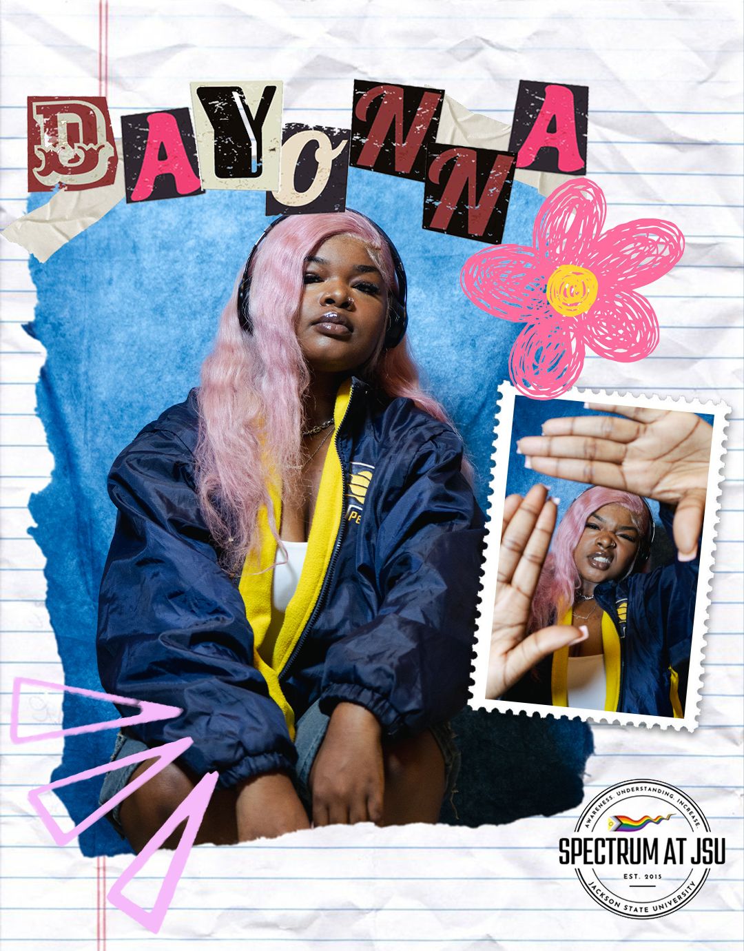 Artistic photo series with blue background and pink accents showing casual poses against notebook paper texture.