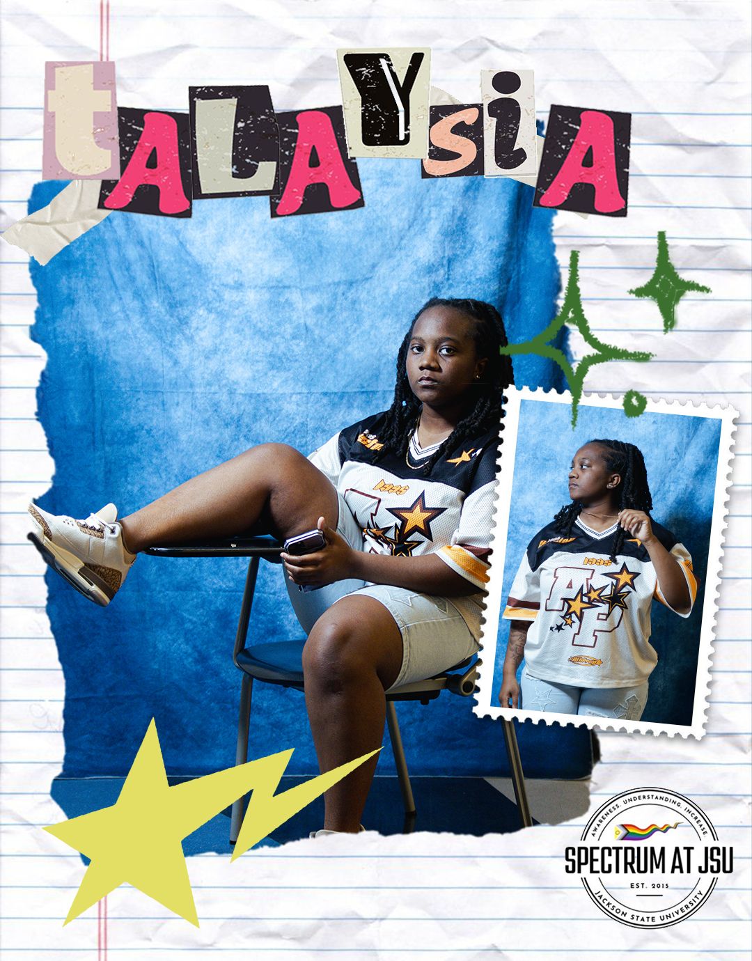 Portrait series with star decorations and blue background showing relaxed seated poses.