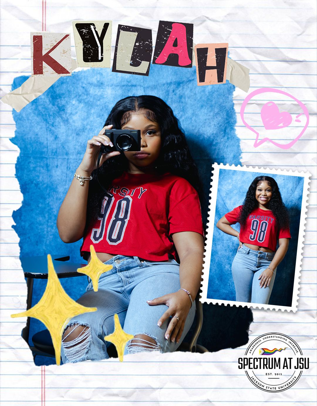 Photo sequence with red clothing against blue background featuring decorative stars and doodles.