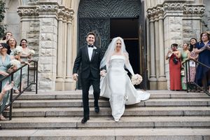 Wedding couple and guests celebrate joyfully on stone church steps in a candid photo sequence.