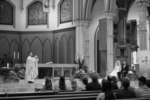 Black and white photos show a church interior with ornate Gothic architecture, altar, and religious ceremonies in progress.