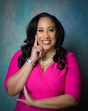 Professional portrait series in hot pink dress against textured blue background showing elegant poses and warm expressions.