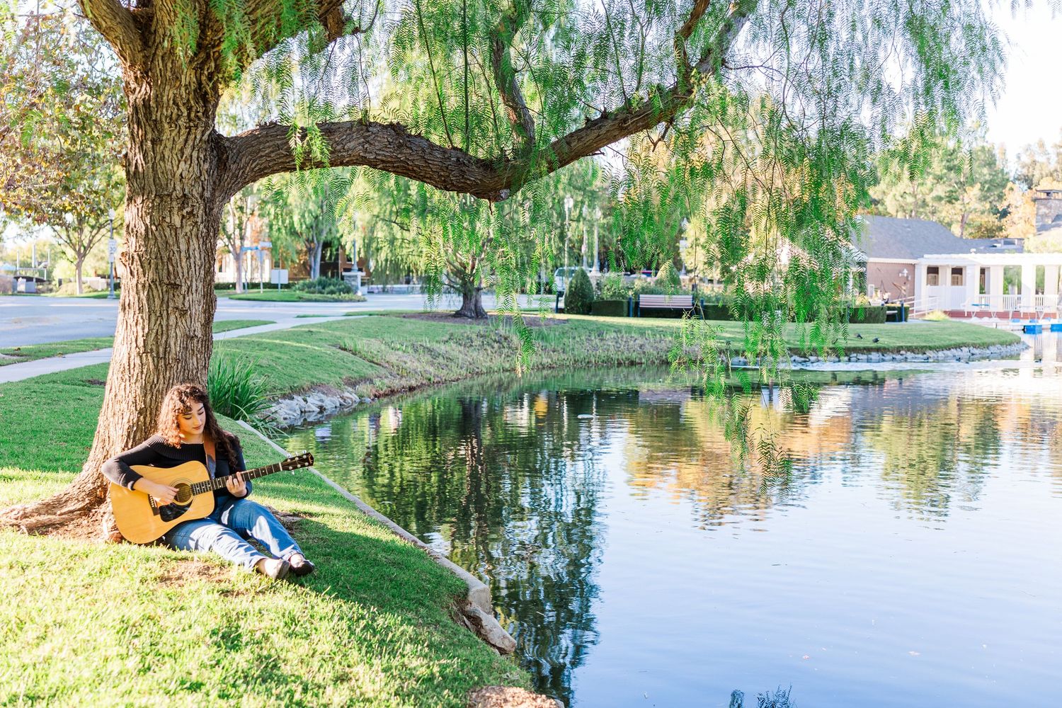 Someone sits under a weeping willow tree playing guitar by a tranquil pond on a sunny afternoon.