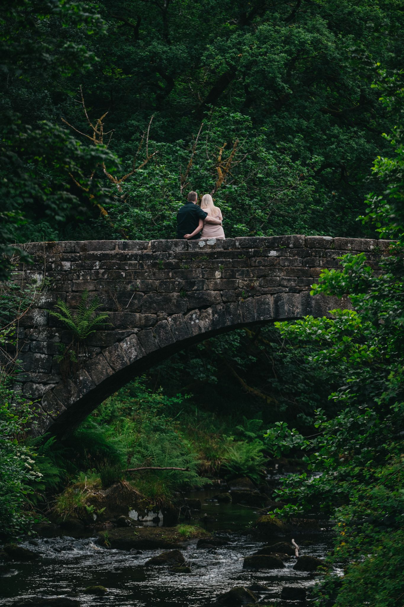 A stone arch bridge spans over a rushing stream surrounded by lush green forest.