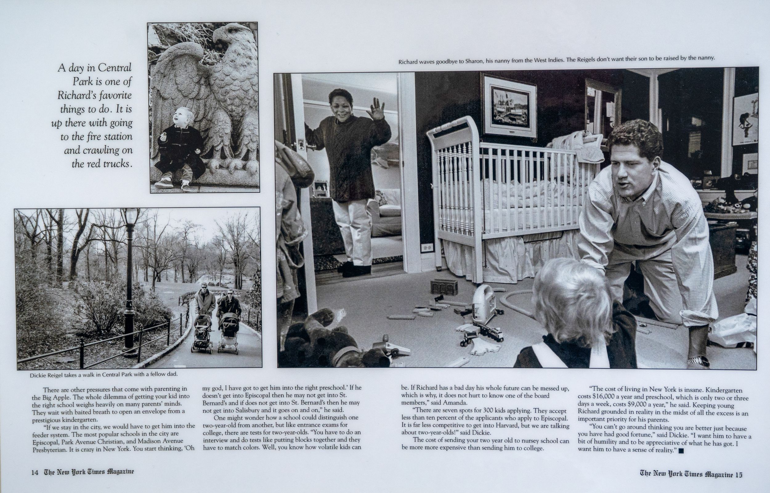 Black and white magazine spread showing four vintage photographs of outdoor activities and home life.