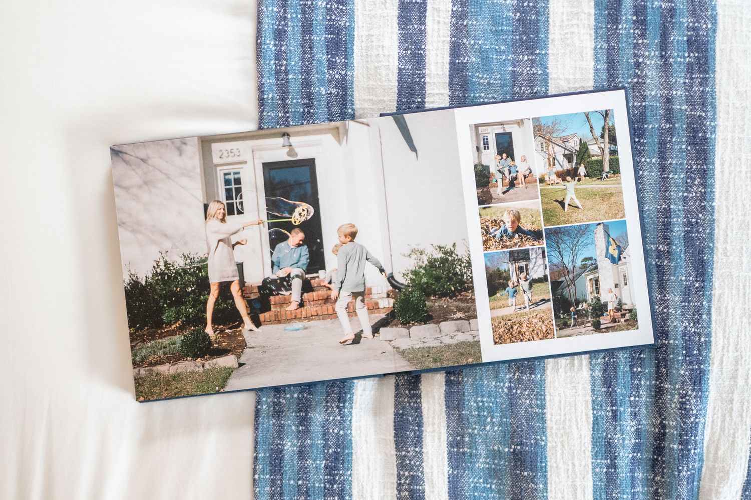 A family photo album displaying fun family moments in their front yard.