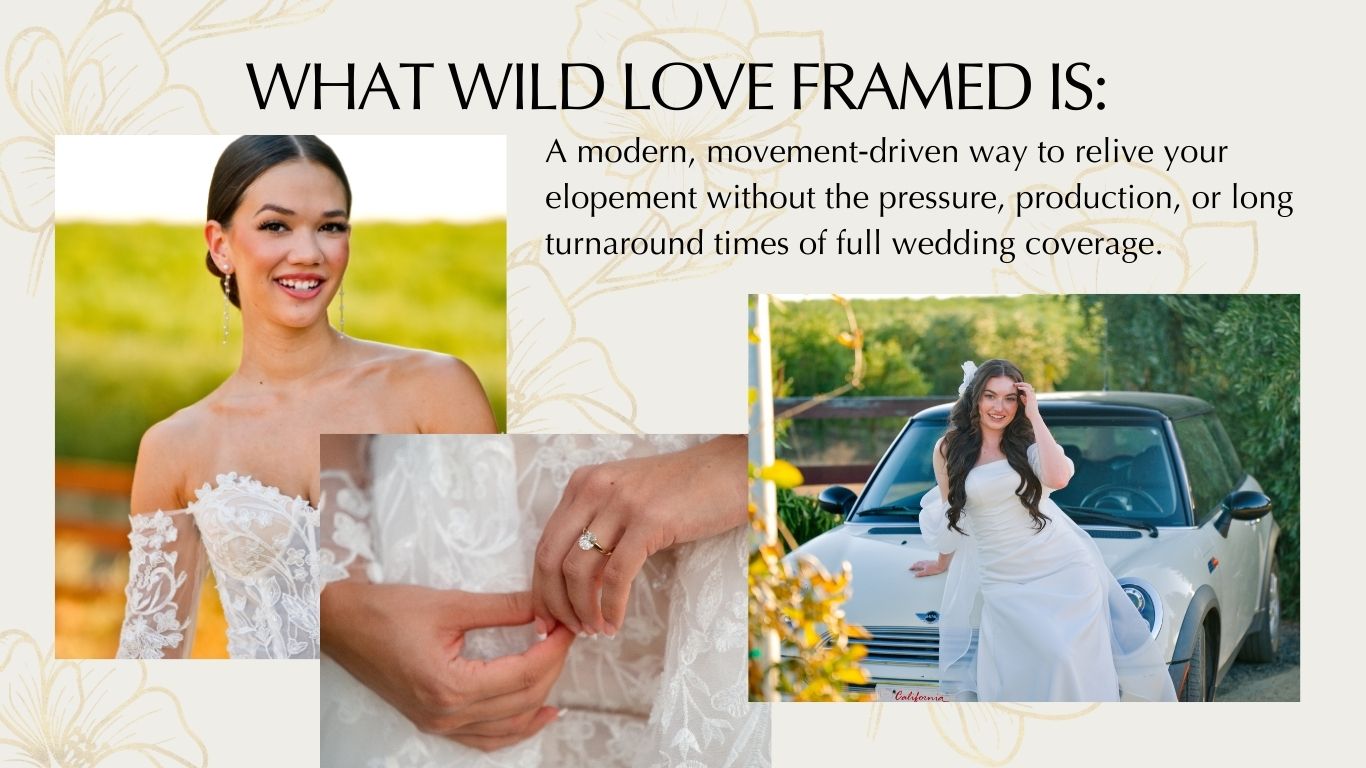 3 brides in nature and one detail of a brides hands text: Wild Love Framed is A modern movement driven way to relive your elopement day!