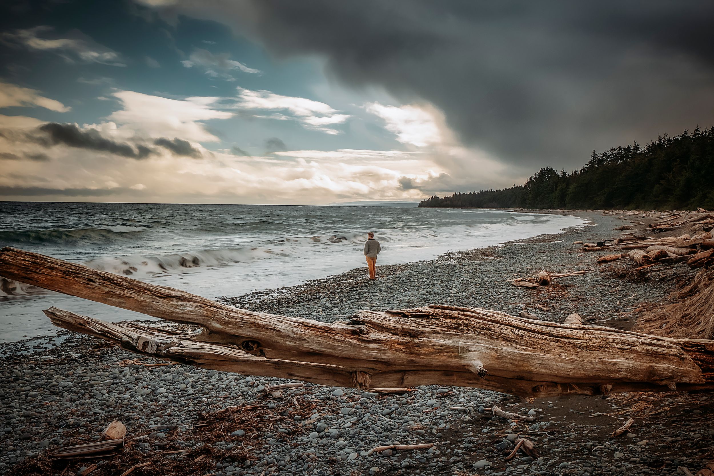 A dramatic seascape with driftwood on a rocky beach under moody storm clouds at sunset.