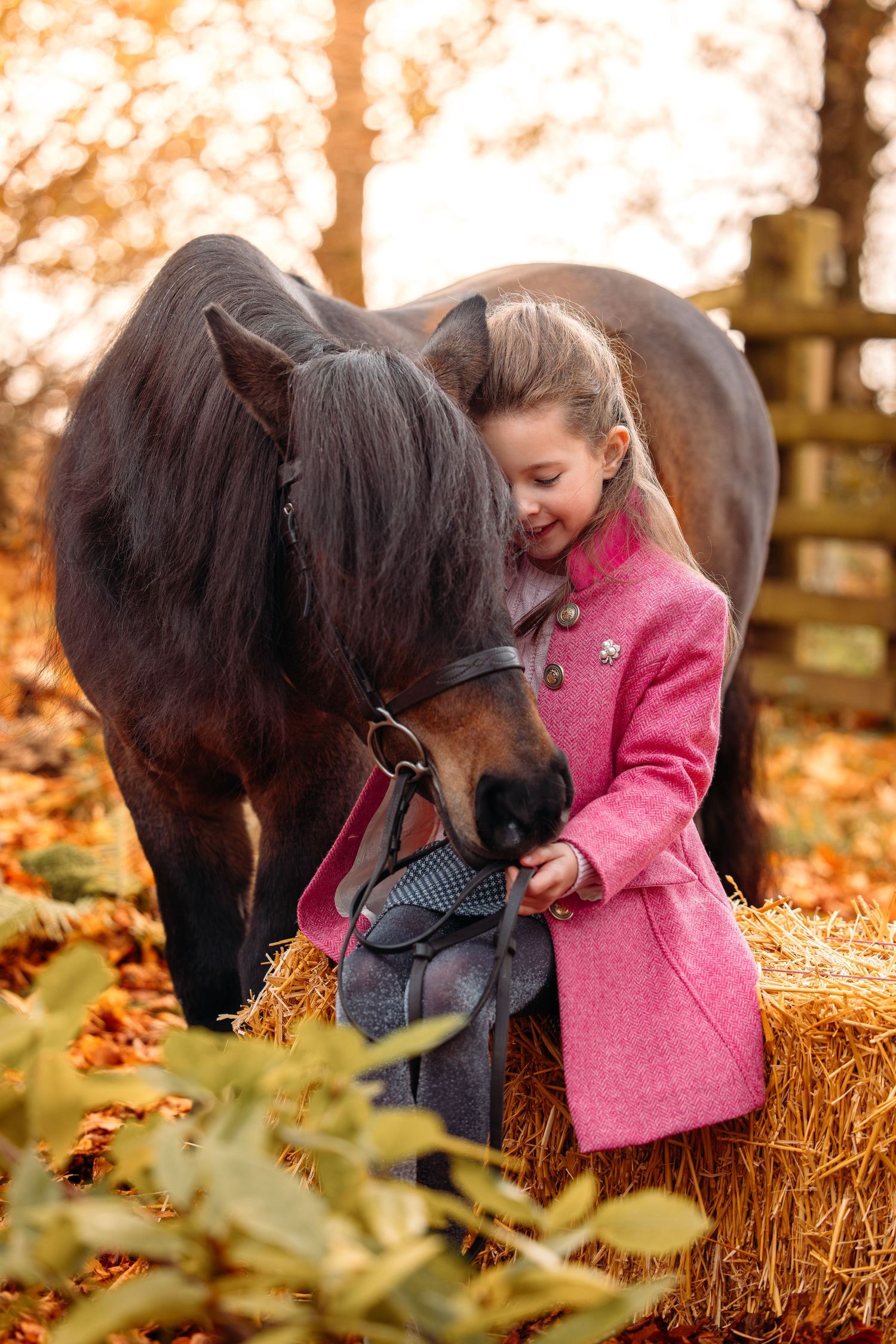 A sweet moment between a horse and admirer by a hay bale during autumn.