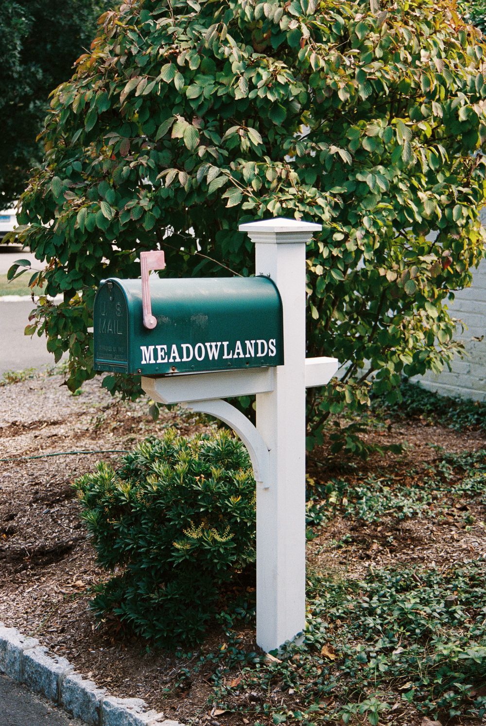 White mailbox with 'Meadowlands' text stands in front of lush green bushes and landscaping.