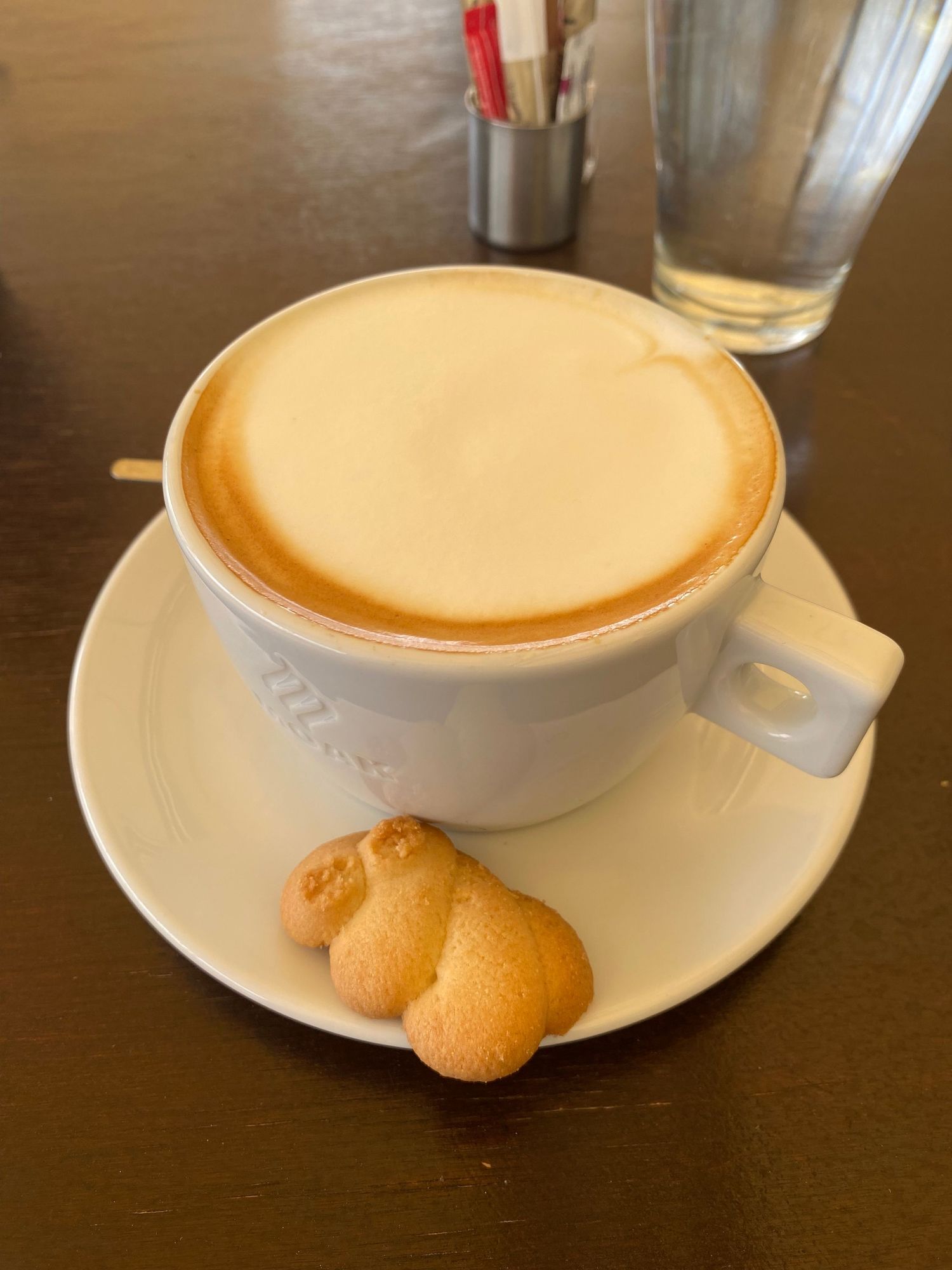 A white ceramic cup of cappuccino with creamy foam served alongside small butter cookies on a matching saucer.