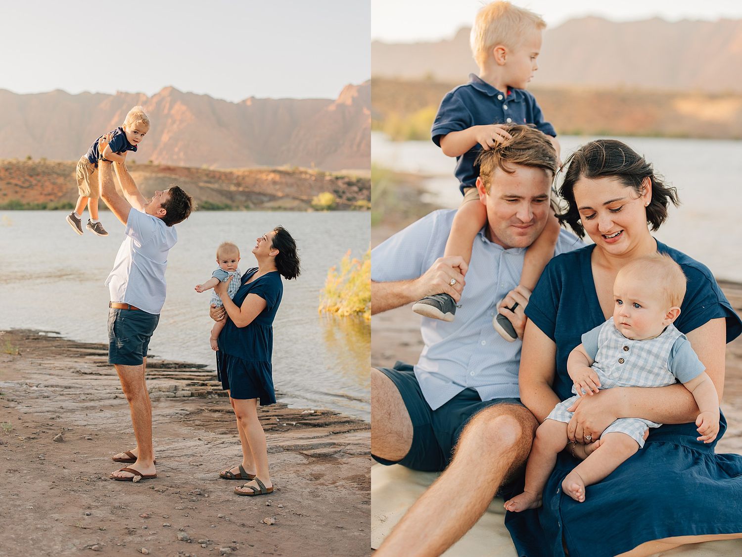 Family photo session by a lake with mountains, parents lifting toddler while holding baby, wearing navy outfits.