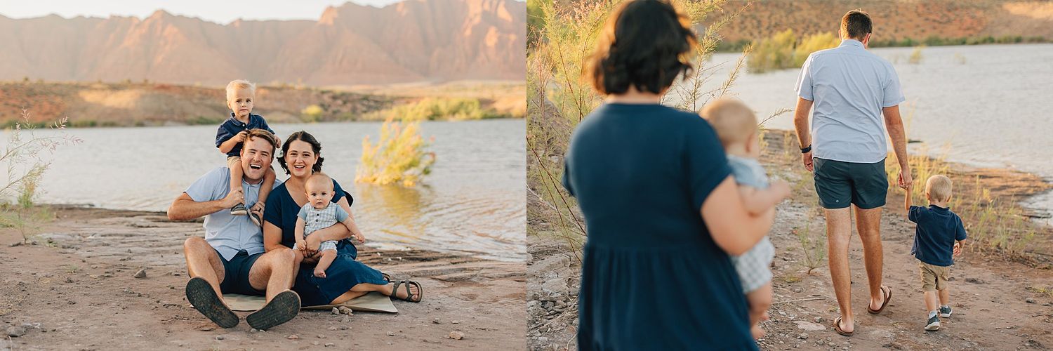Family of four sitting and standing by a river at sunset in a desert landscape, candid outdoor portrait session.