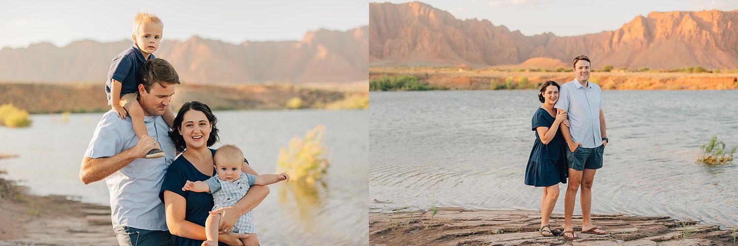 Family of four posing by a lake with red mountain backdrop at golden hour in the Arizona desert.