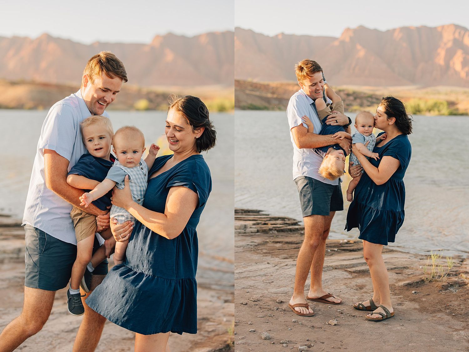 Parents laughing with two young children near a lakeside with scenic red mountains at sunset.