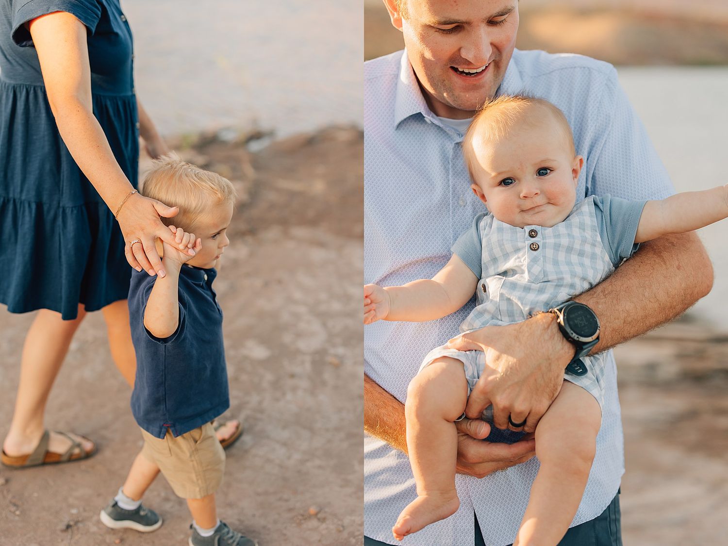 Family photo session with toddler holding mom's hand and dad cradling baby in blue outfits outdoors.