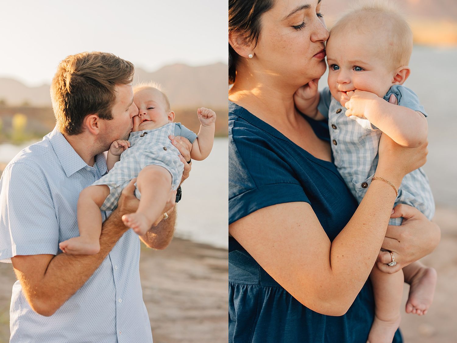 Parents lovingly hold and kiss their smiling baby outdoors during a warm golden hour family photo session.