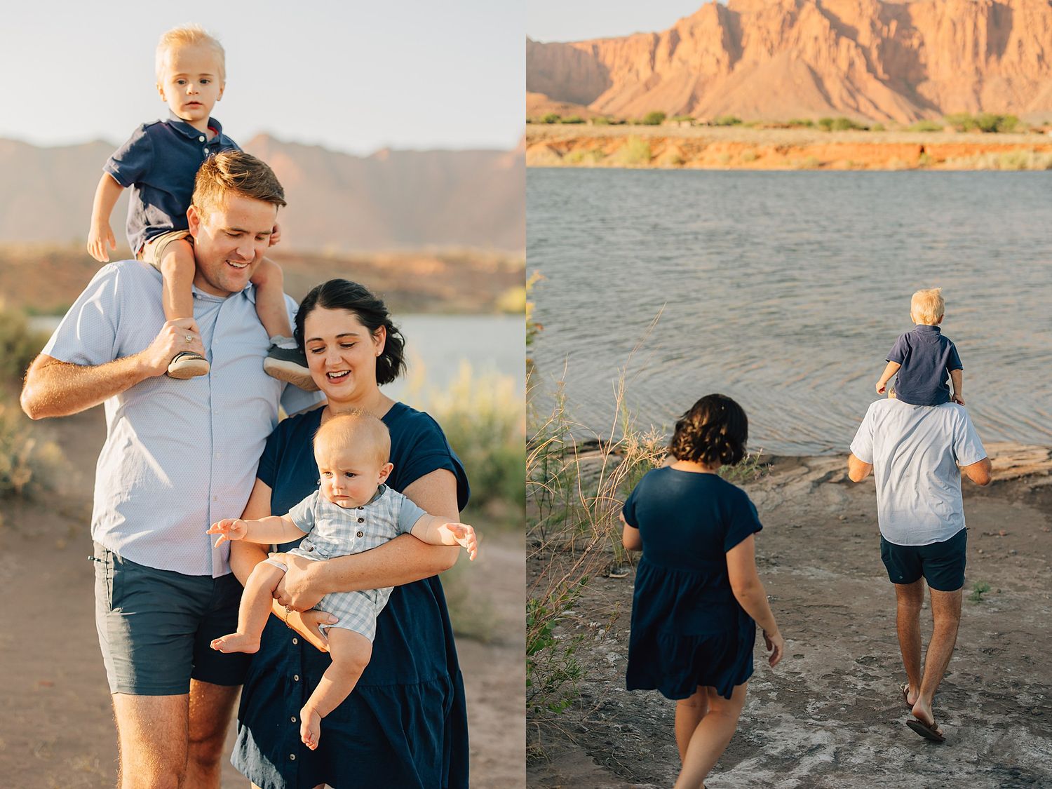 Family of four posing near a river with red rock cliffs, parents smiling with two young children in a sunny desert setting.