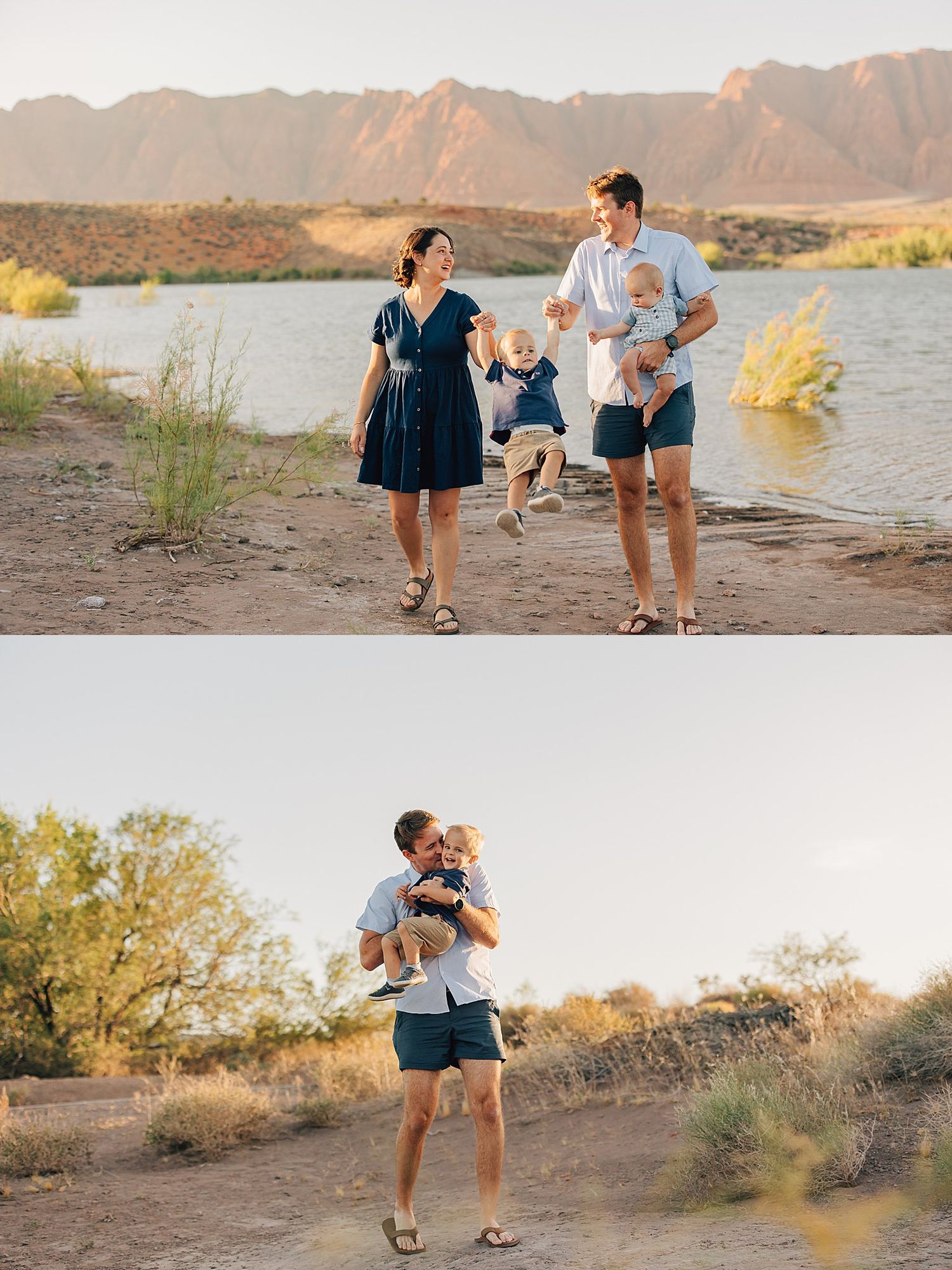 Family walking by a desert lake at golden hour, parents swinging toddler between them with mountains in the background.