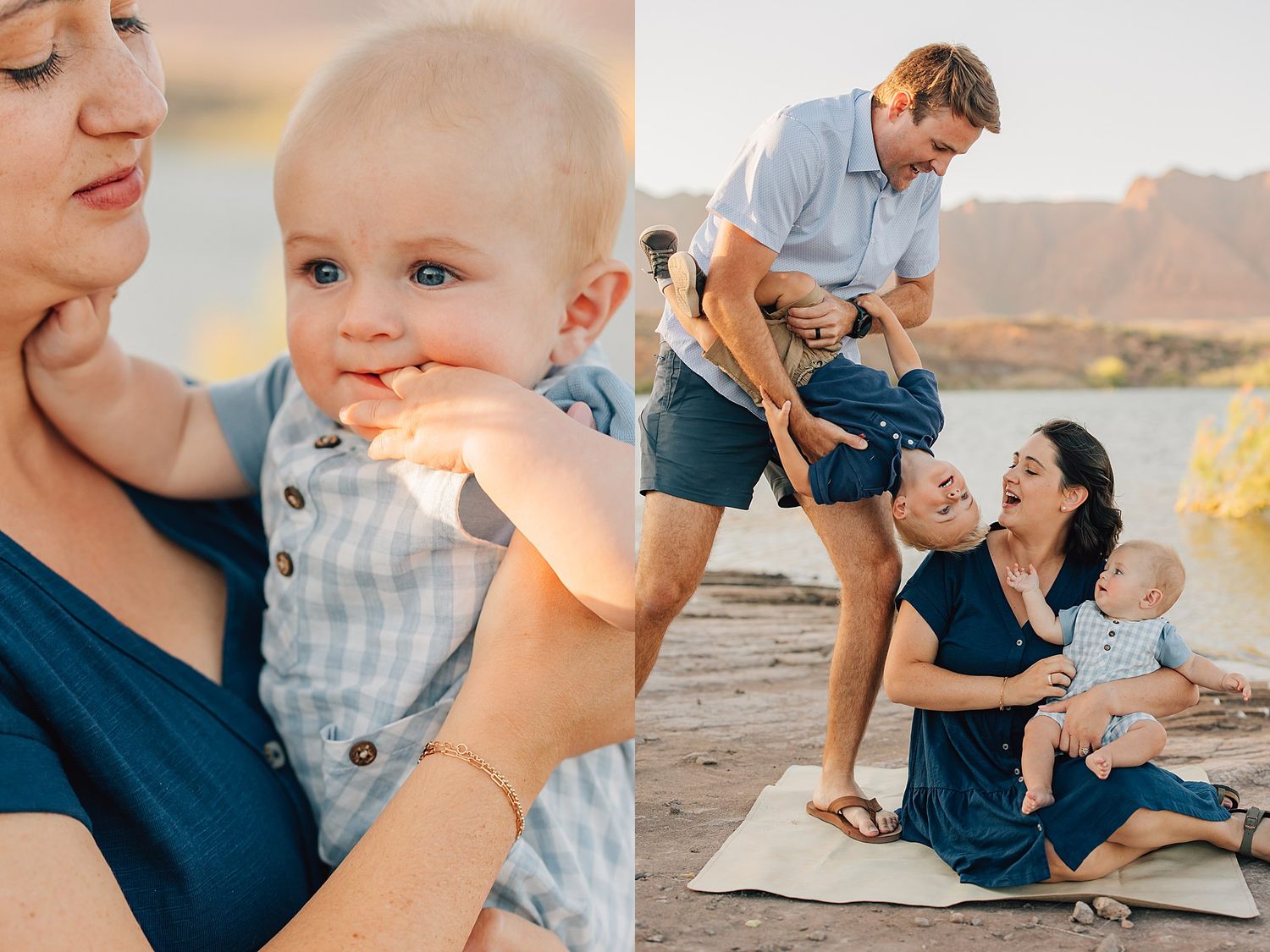 A joyful family beach photo session with a mother holding a baby boy and a father playing with his family on a blanket.