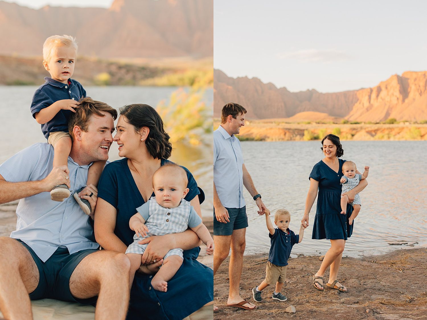 Family with two young boys posing by a lake with red rock mountains at golden hour in matching navy outfits.