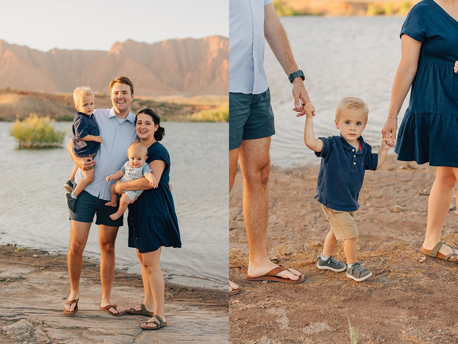 Family of four poses by a desert lake at golden hour, with parents holding two young children in coordinating navy outfits.