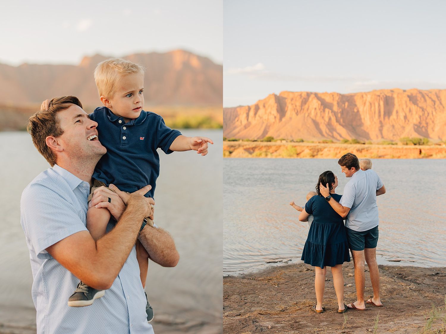 Father lifting toddler son on shoulders by a lake with red rock mountains at golden hour in Arizona.