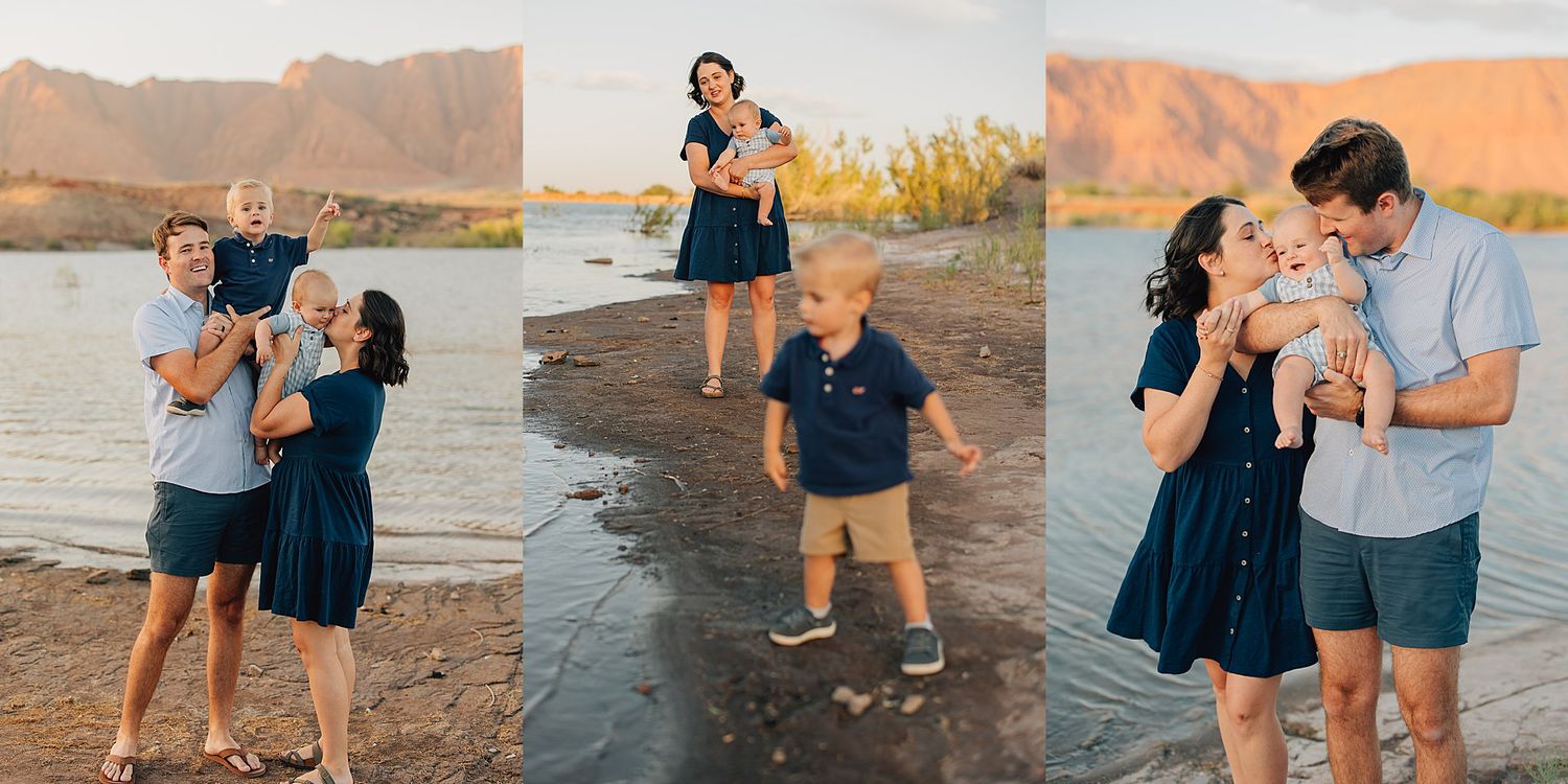 Family photo session on a rocky beach with mountains, parents holding babies in navy and neutral outfits at golden hour.