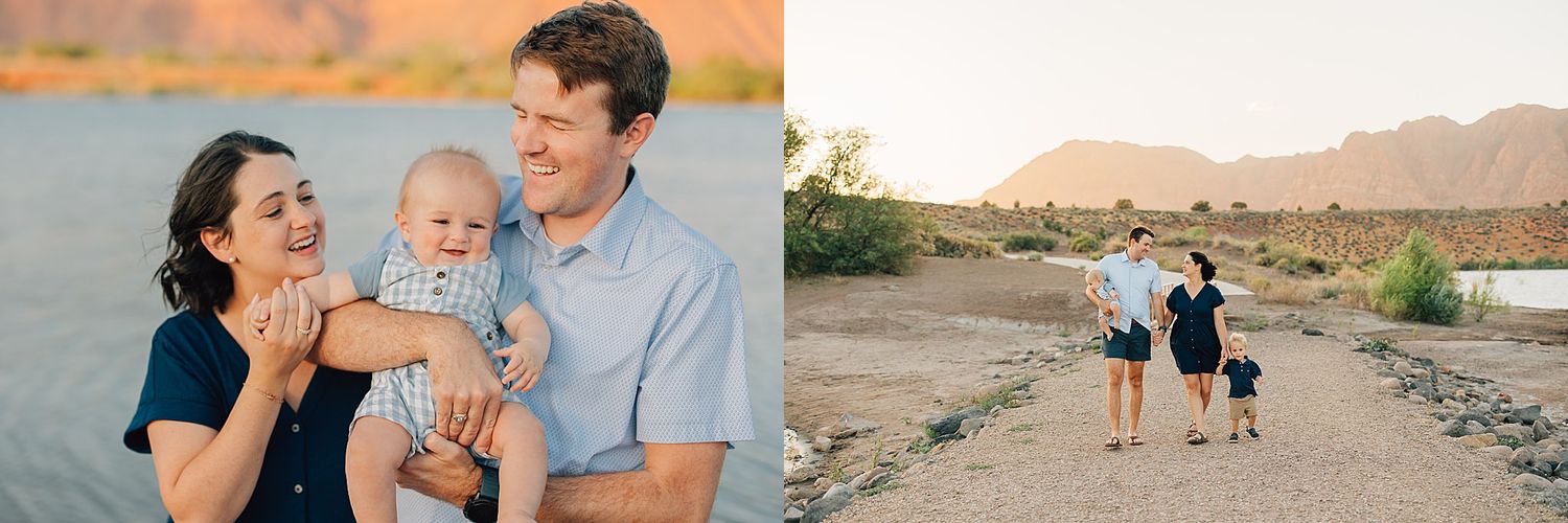 A happy family with a baby poses at golden hour in a desert landscape with mountains in the background.