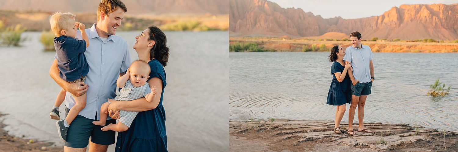 Family portrait session at a desert lake with red mountains, parents smiling with toddler in golden hour light.