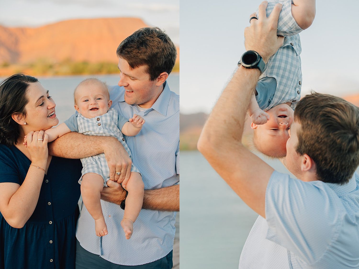 Parents lovingly playing with smiling baby outdoors near a lake during a warm sunset family photo session.
